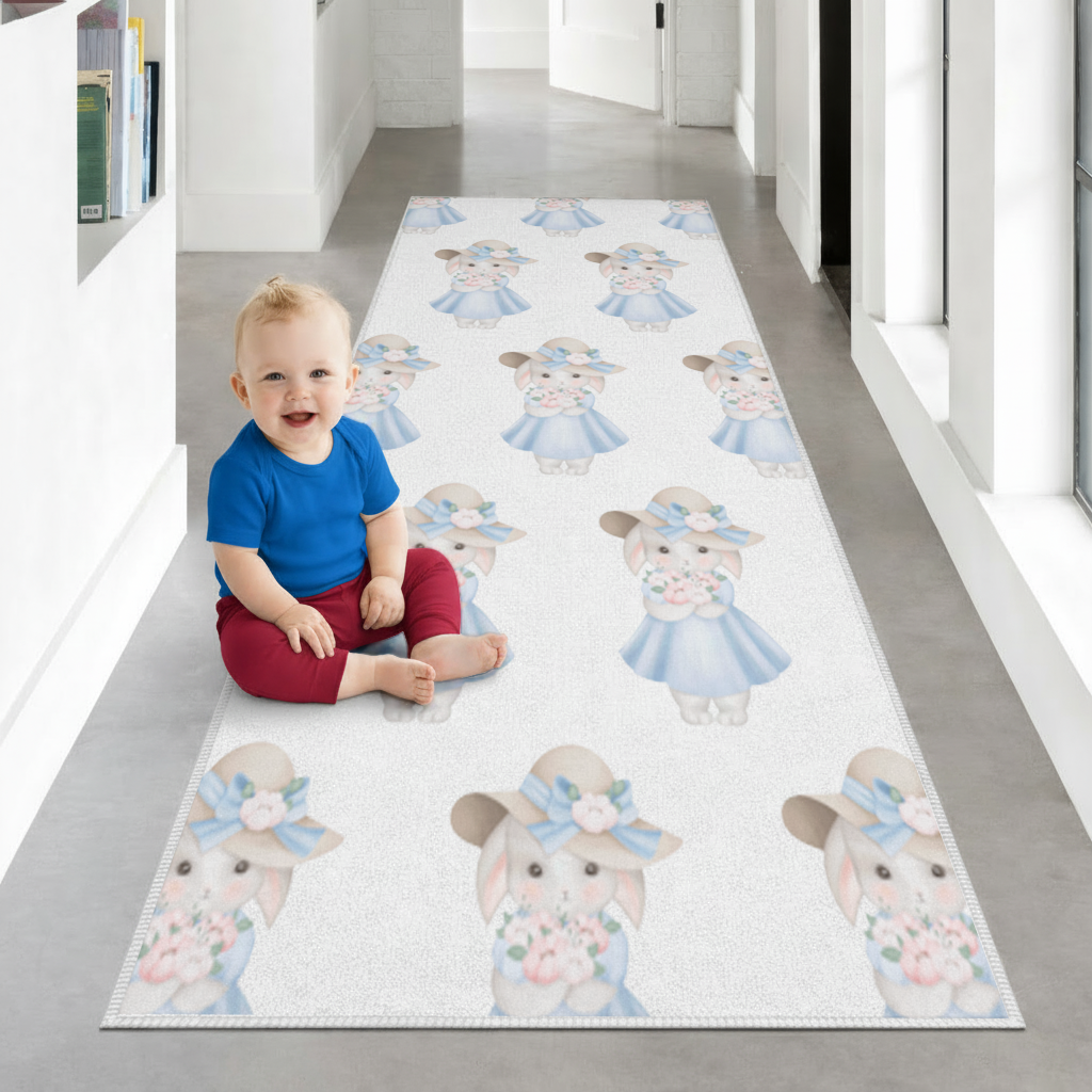 Cute Bunny with Hat Holding Flowers Hallway & Entryway Rug