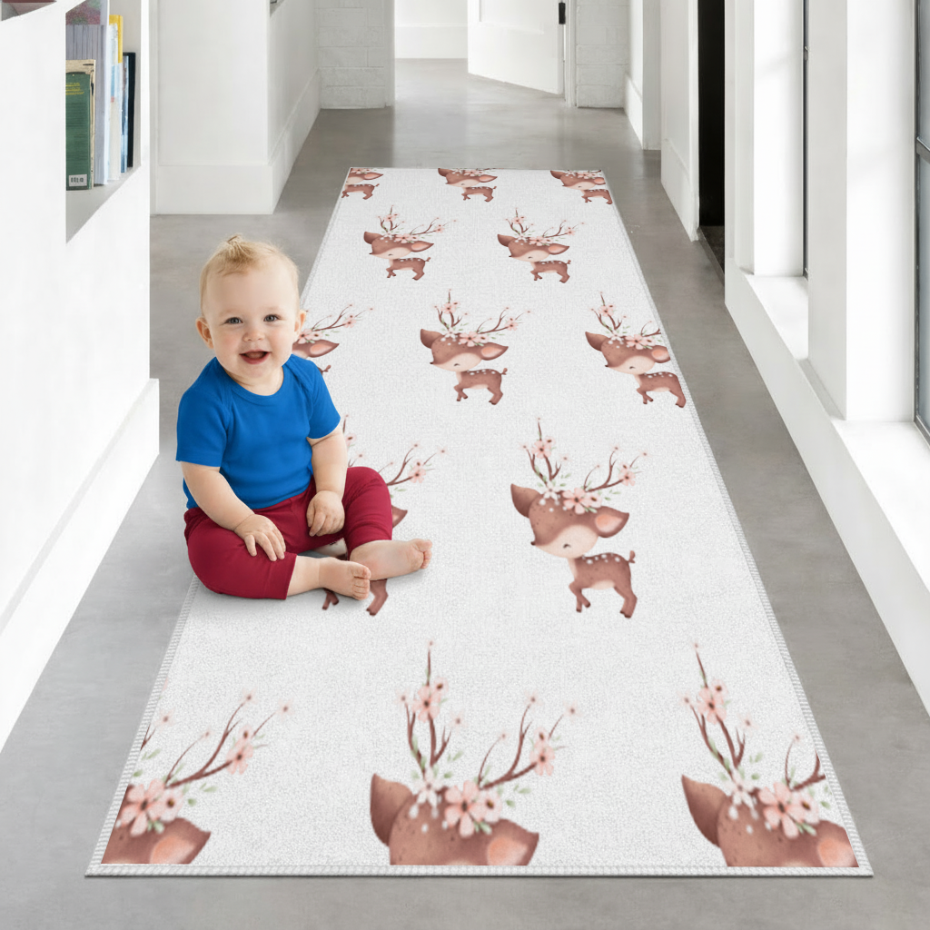 Cute Baby Deer with Floral Antlers Hallway & Entryway Rug