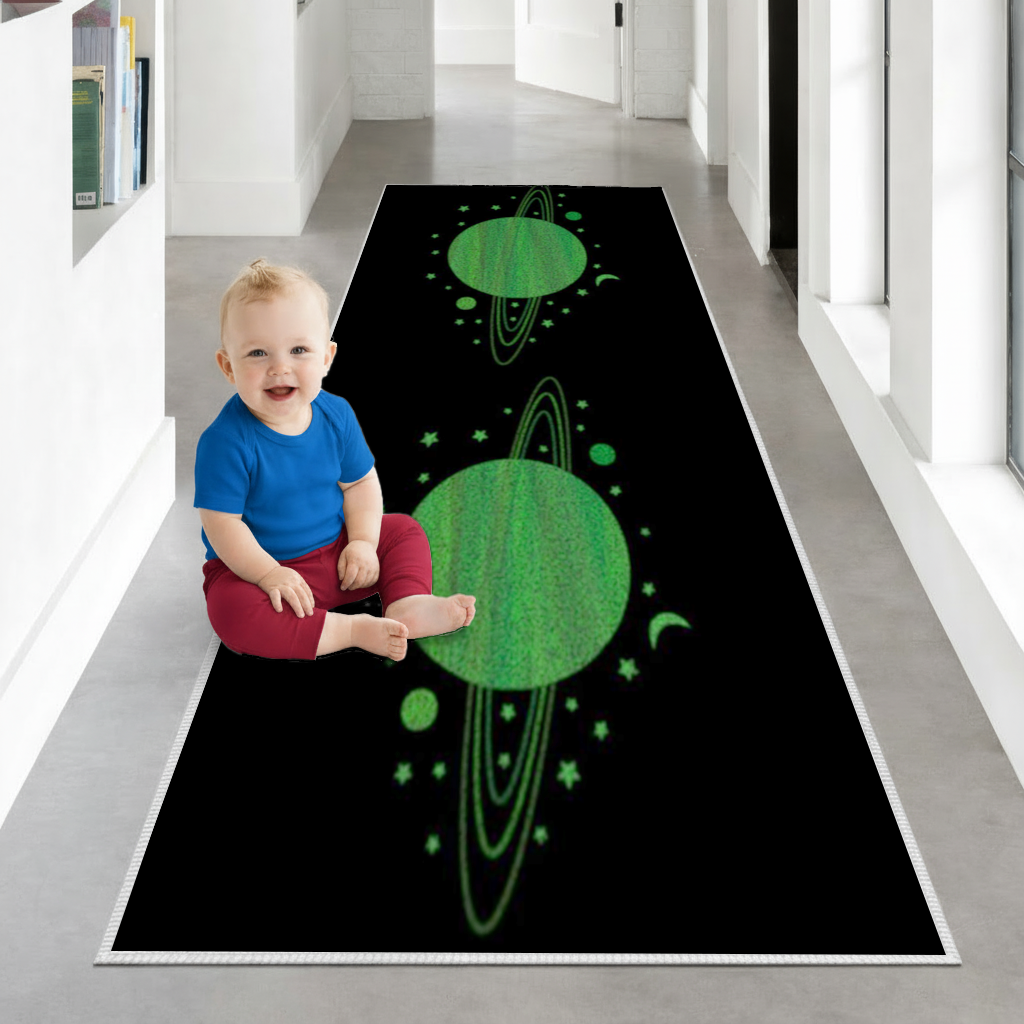 Green planets on a black background. Hallway & Entryway Rug