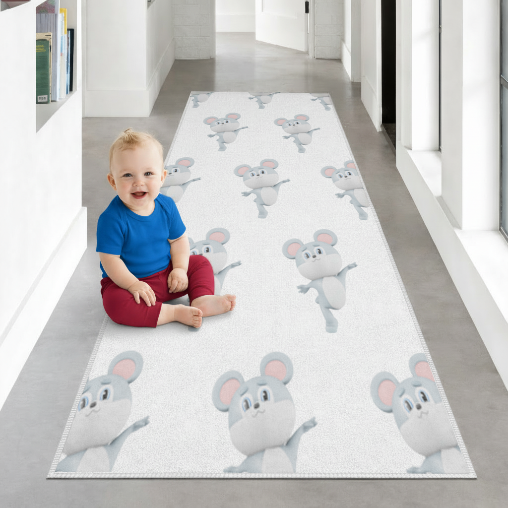 Dancing Cute Grey Mouse Character Hallway & Entryway Rug