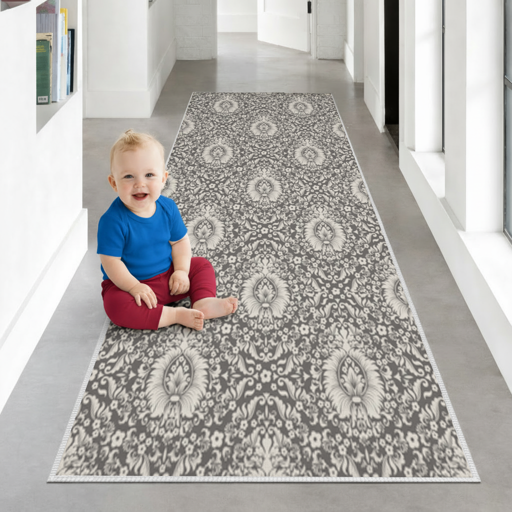 Klasik Vintage Damask Çiçekli Desen Antre ve Koridor Halısı