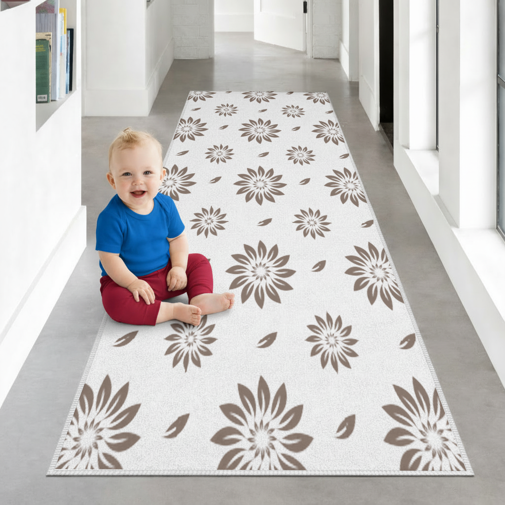 Minimalist Modern Brown Floral Pattern Hallway & Entryway Rug
