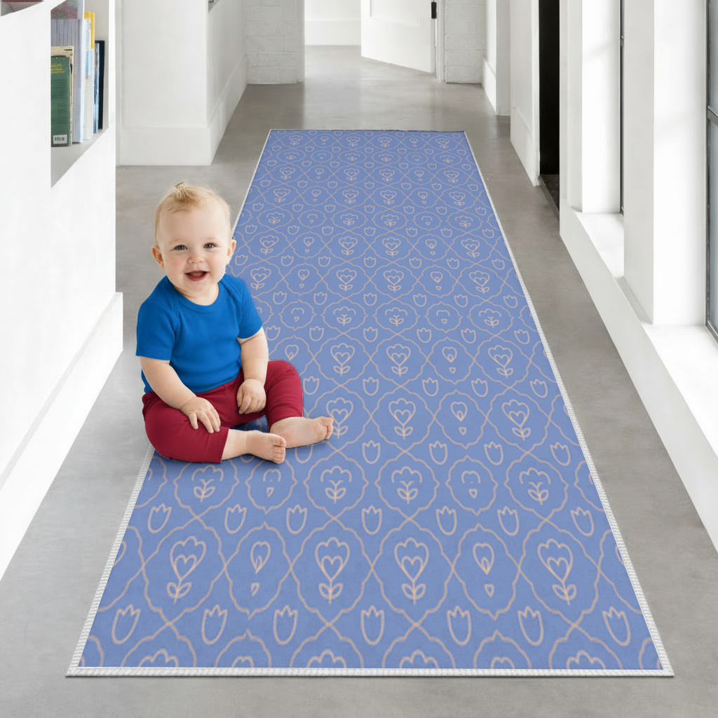 Orange Linear Floral Pattern on Blue Hallway & Entryway Rug