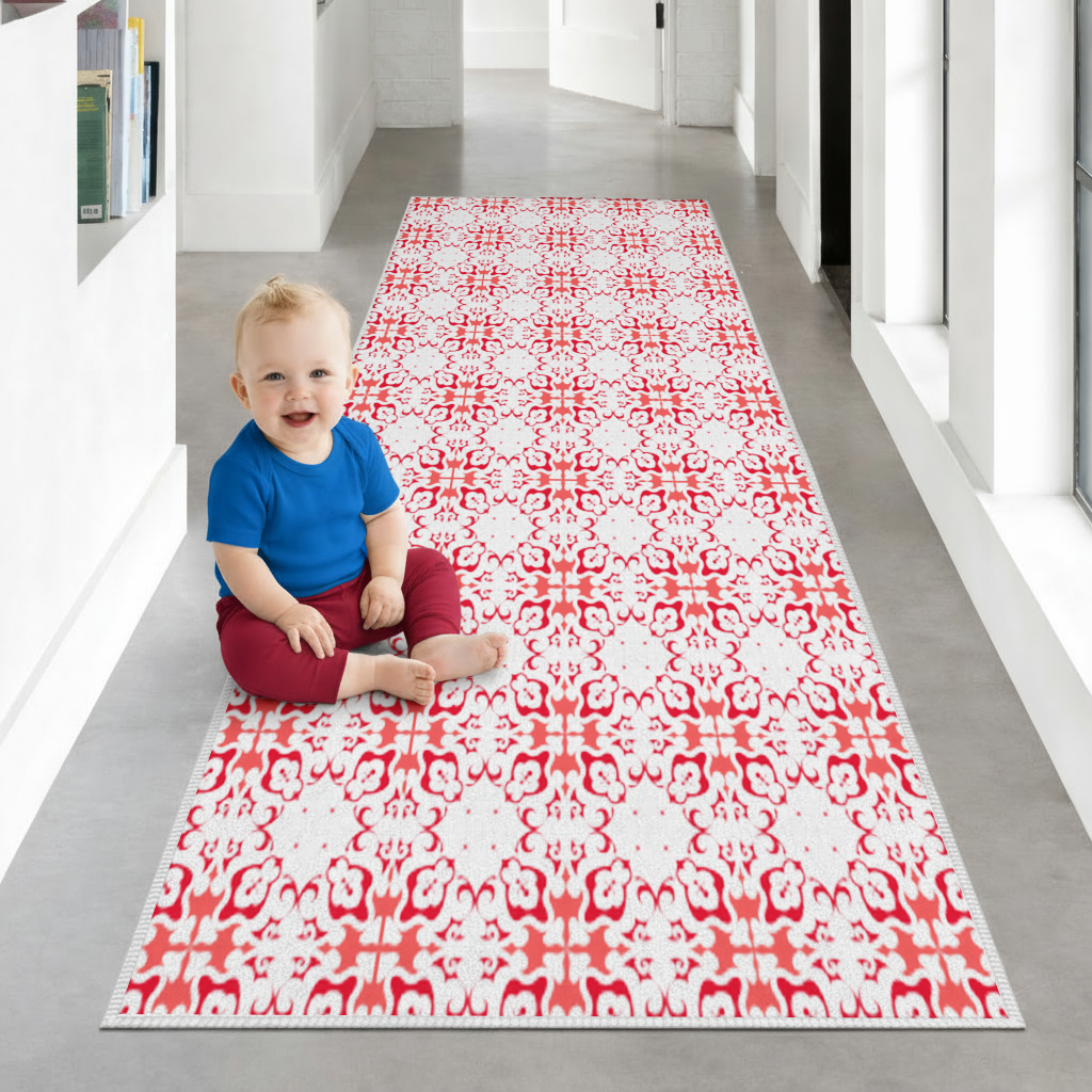 Red and White Traditional Tile Style Pattern Hallway & Entryway Rug