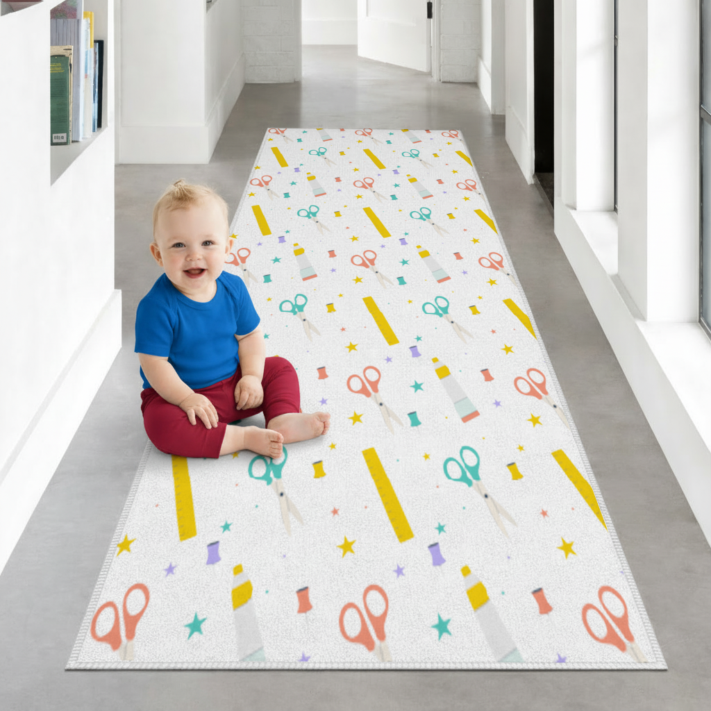 Colorful School and Stationery Supplies Pattern Hallway & Entryway Rug
