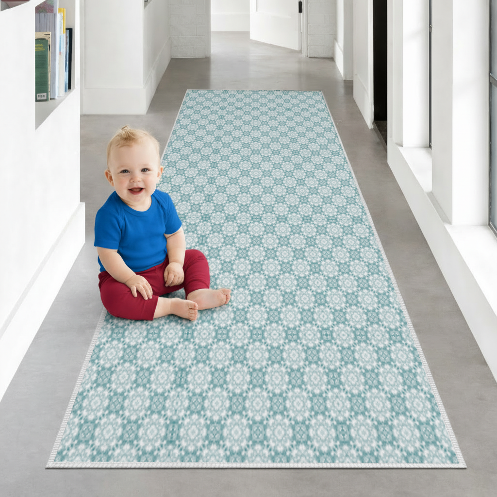 Blue Pixelated Geometric Ornament Pattern Hallway & Entryway Rug