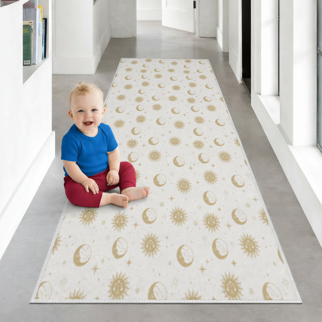 Golden Sun and Moon Mystical Pattern Hallway & Entryway Rug
