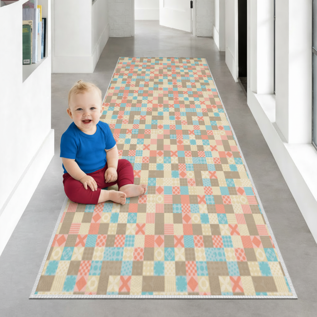 Colorful Modern Geometric Square Pattern Hallway & Entryway Rug
