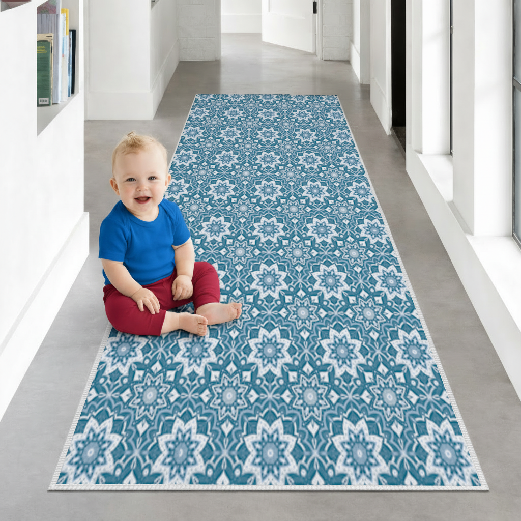 Elegant Blue Mandala Pattern Hallway & Entryway Rug