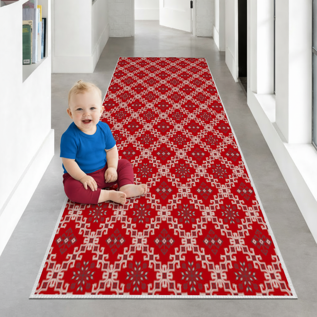 Red Ethnic Embroidery Pattern Hallway & Entryway Rug