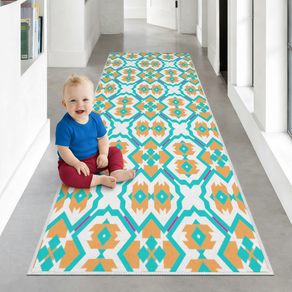 Orange and Turquoise Geometric Pattern Hallway & Entryway Rug