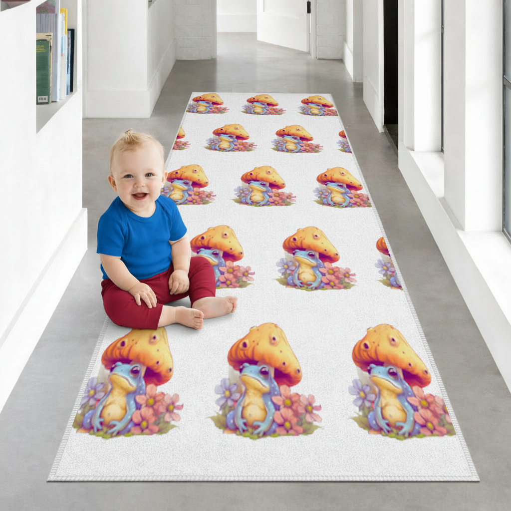 Blue Frog Resting Under Orange Mushroom Hallway & Entryway Rug