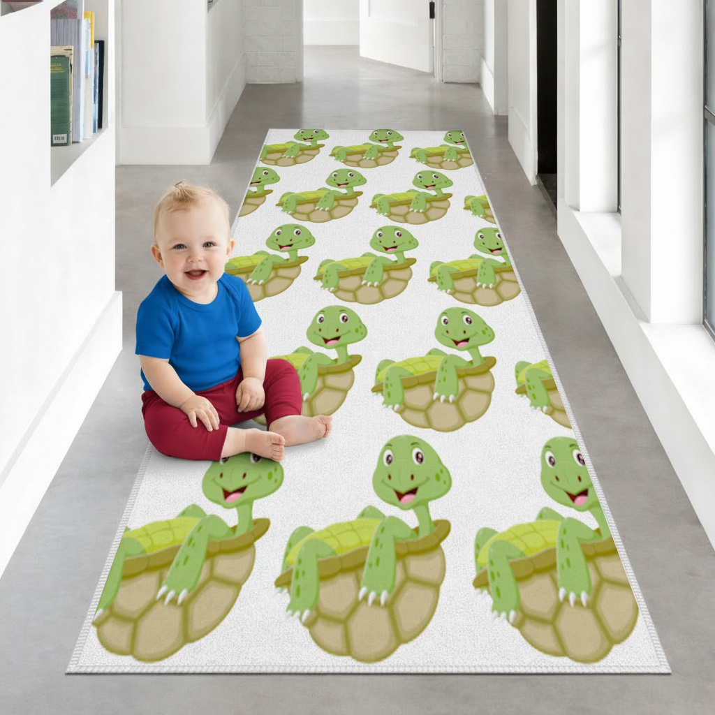 Happy Smiling Green Turtle in Shell Hallway & Entryway Rug