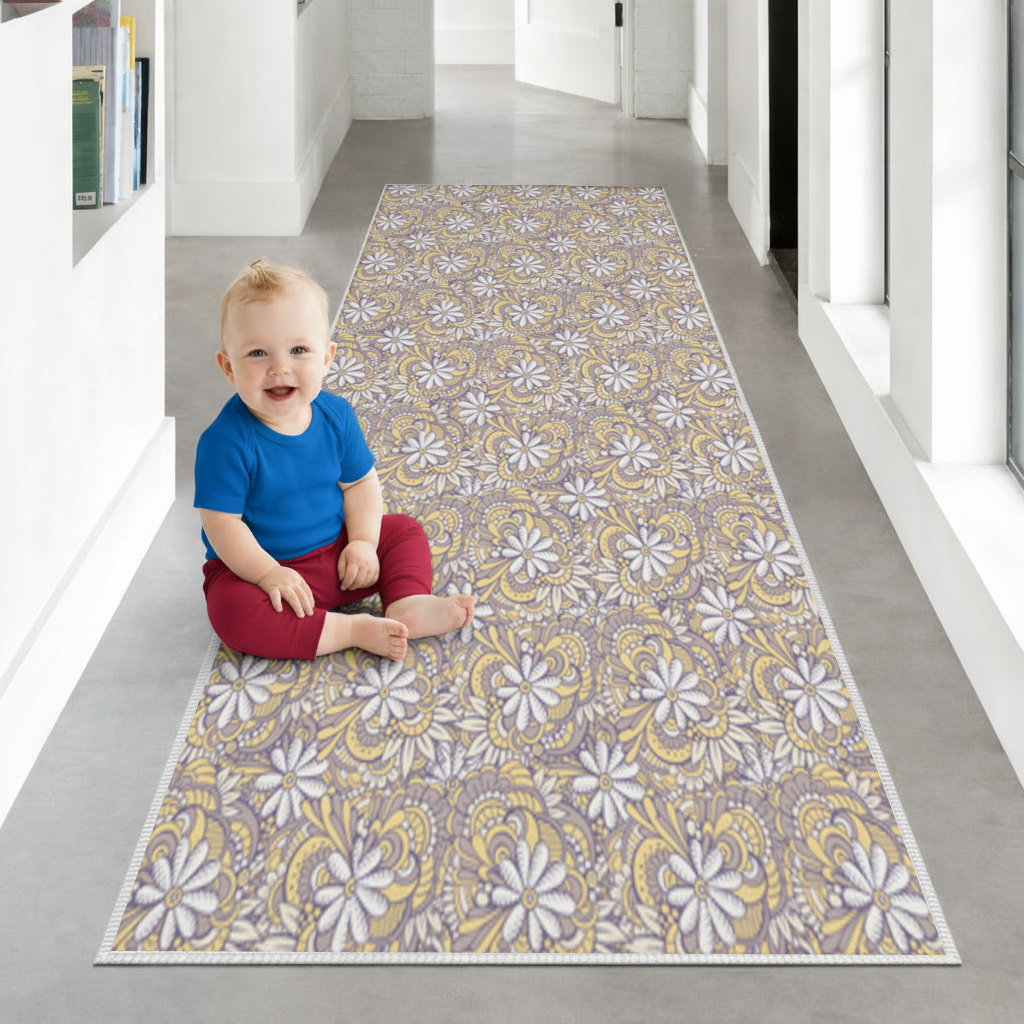 Retro Floral Doodle and Mandala Pattern Hallway & Entryway Rug