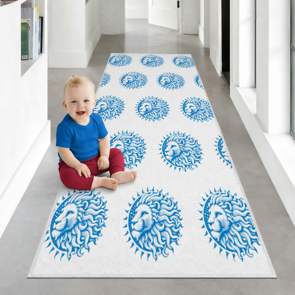 Leo Zodiac Sun and Moon Blue Motif Hallway & Entryway Rug