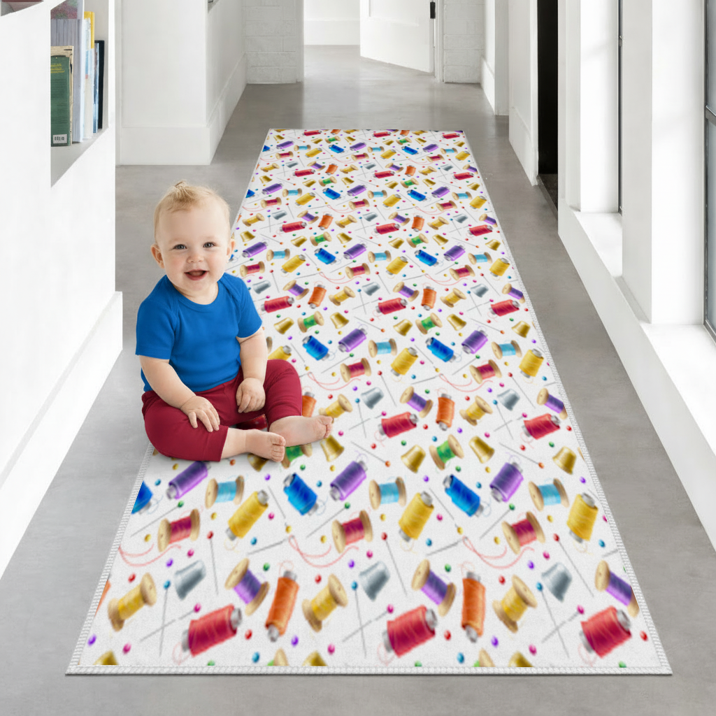Colorful Thread Spools and Sewing Tools Pattern Hallway & Entryway Rug