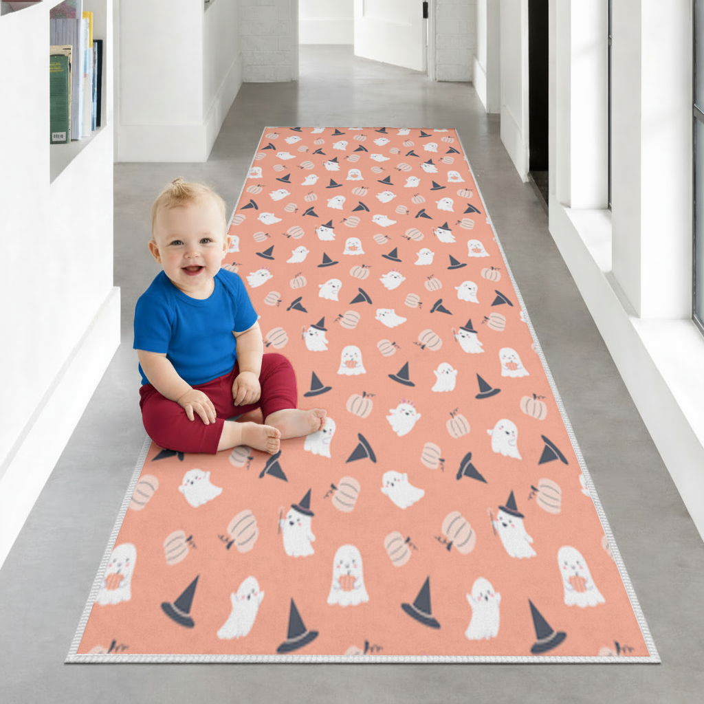 Cute Pumpkin and Witch Hat Ghost Pattern Hallway & Entryway Rug