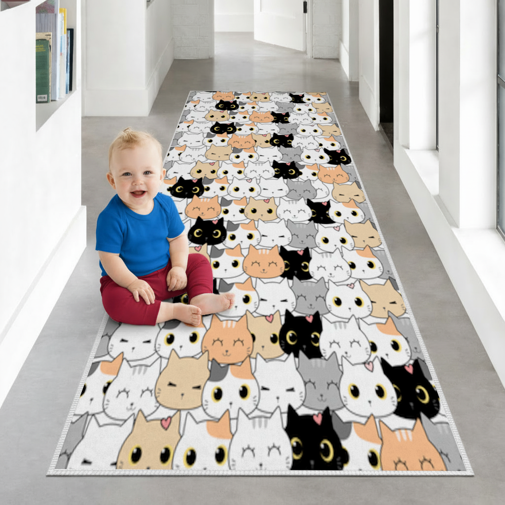Colorful Cute Cat Faces Seamless Pattern Hallway & Entryway Rug