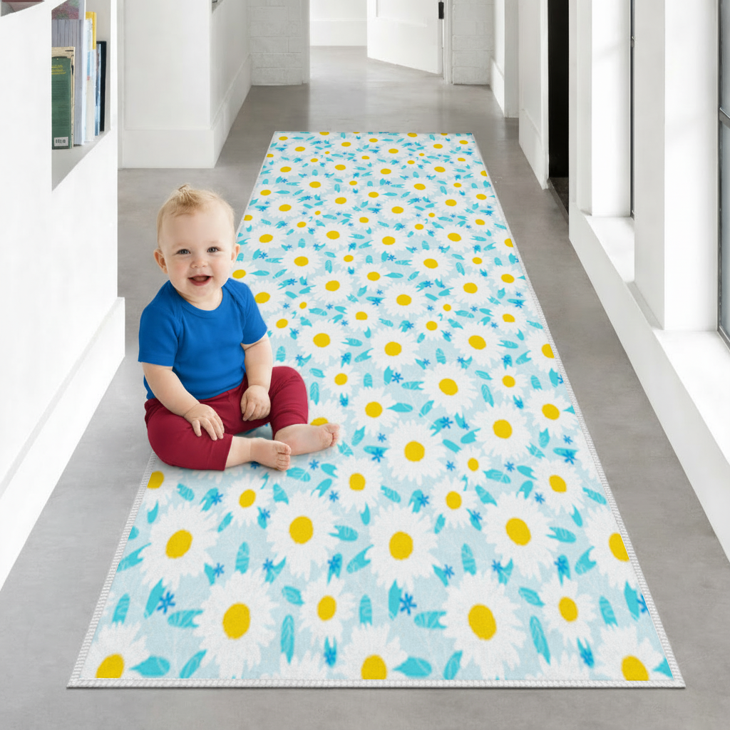 Daisy Garden and Turquoise Leaves Pattern Hallway & Entryway Rug