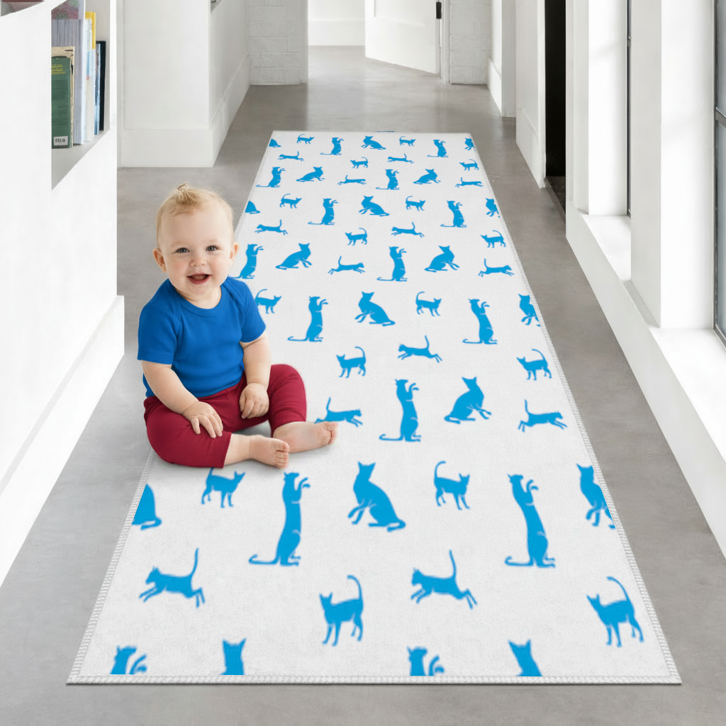 Blue Cat Silhouettes Seamless Pattern Hallway & Entryway Rug