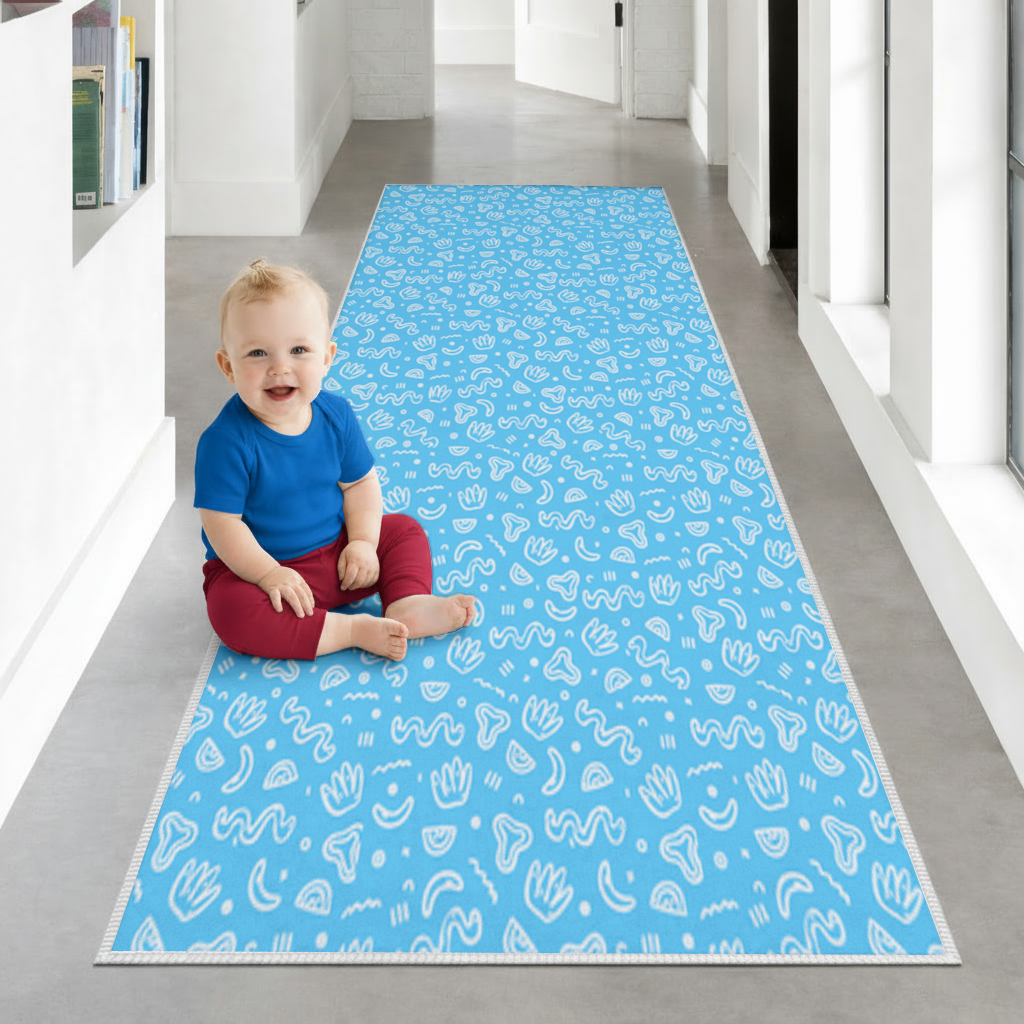 Blue Abstract Doodle Hallway & Entryway Rug