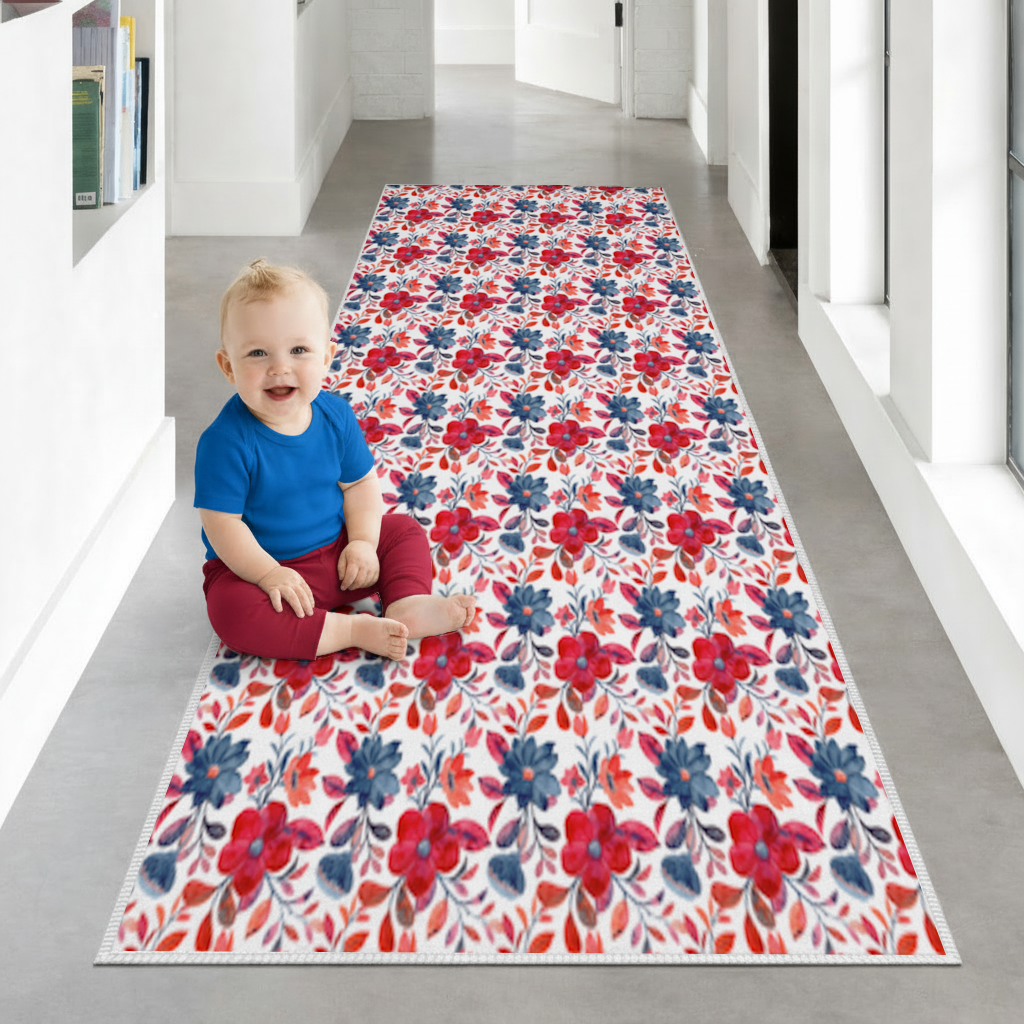 Watercolor Red Navy Floral Hallway & Entryway Rug