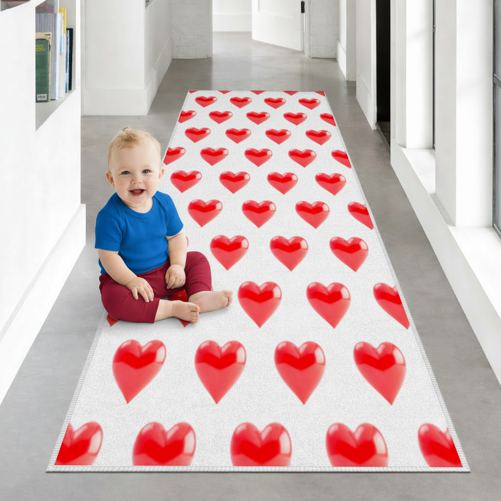 Glossy Red 3D Heart Hallway & Entryway Rug