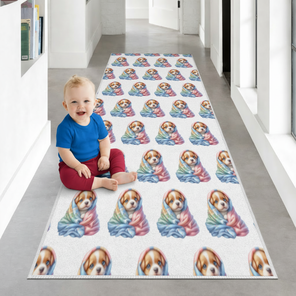 Cute Puppy Wrapped in Colorful Blanket Hallway & Entryway Rug