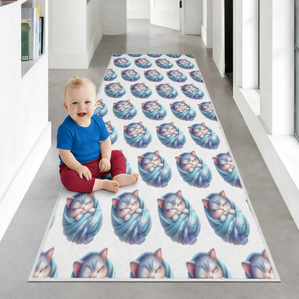 Kawaii Sleeping Kitten in Blue Swaddle Hallway & Entryway Rug