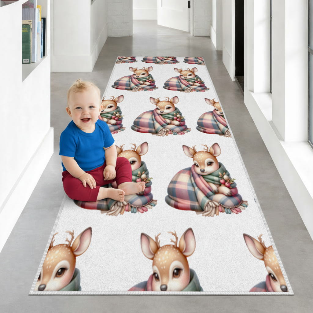 Kawaii Baby Deer with Plaid Scarf Hallway & Entryway Rug