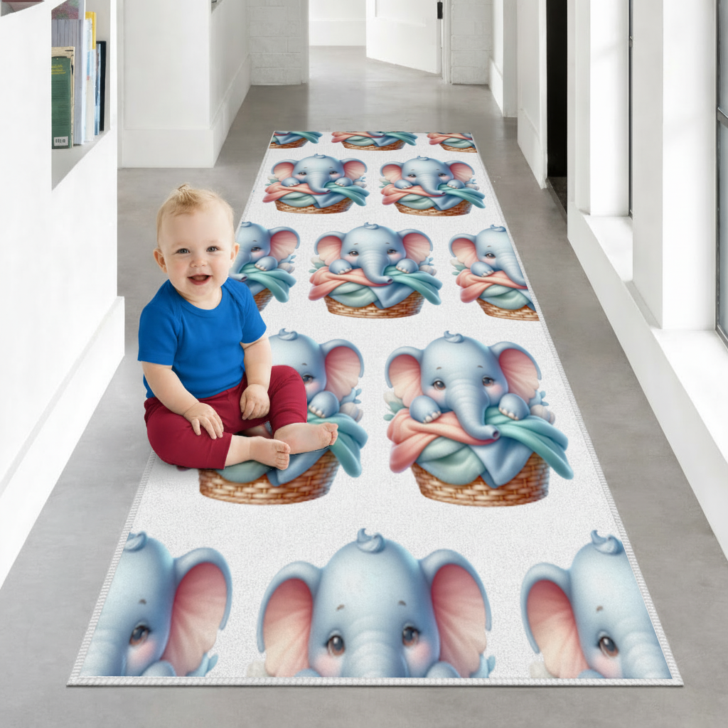 Cute Baby Elephant in Basket Hallway & Entryway Rug