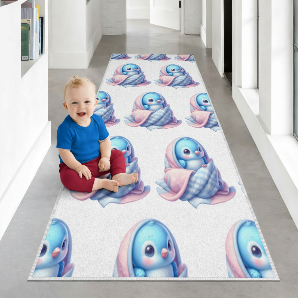Kawaii Blue Bird in Blanket Hallway & Entryway Rug