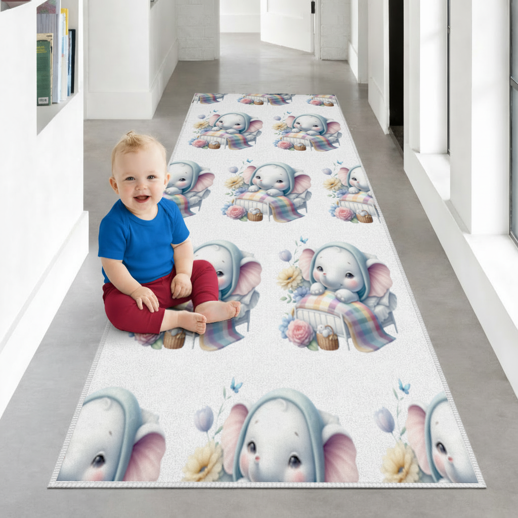 Sleeping Baby Elephant in Bed Hallway & Entryway Rug