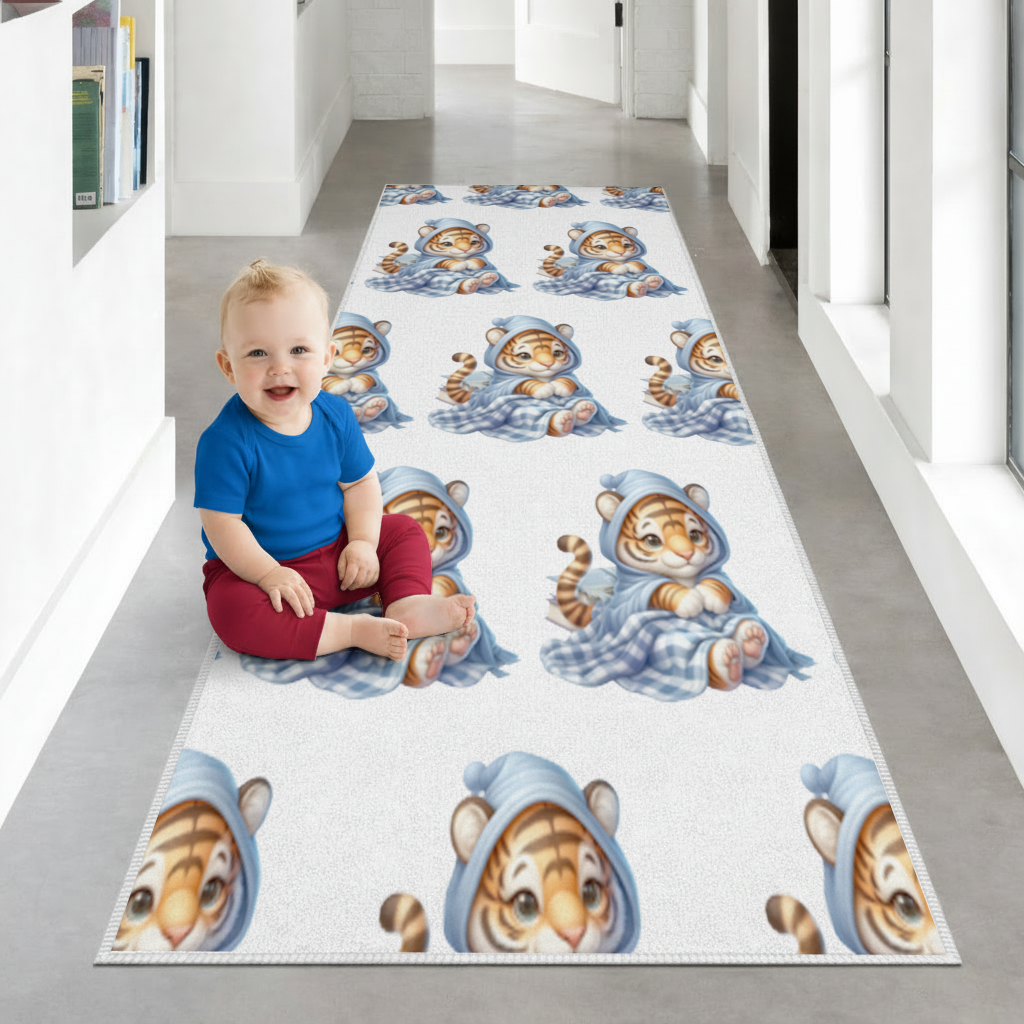 Sleepy Baby Tiger Cub on Books Hallway & Entryway Rug