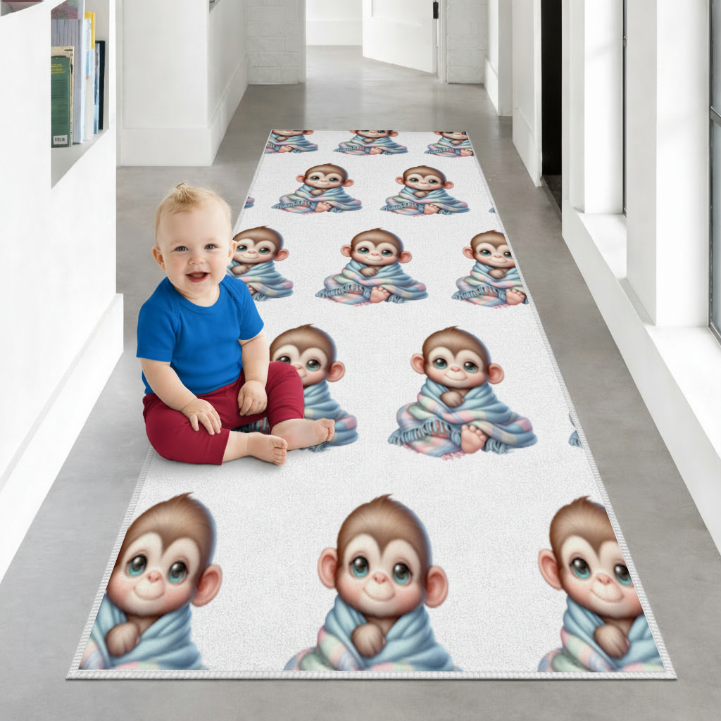 Cute Baby Monkey Wrapped in Blanket Hallway & Entryway Rug