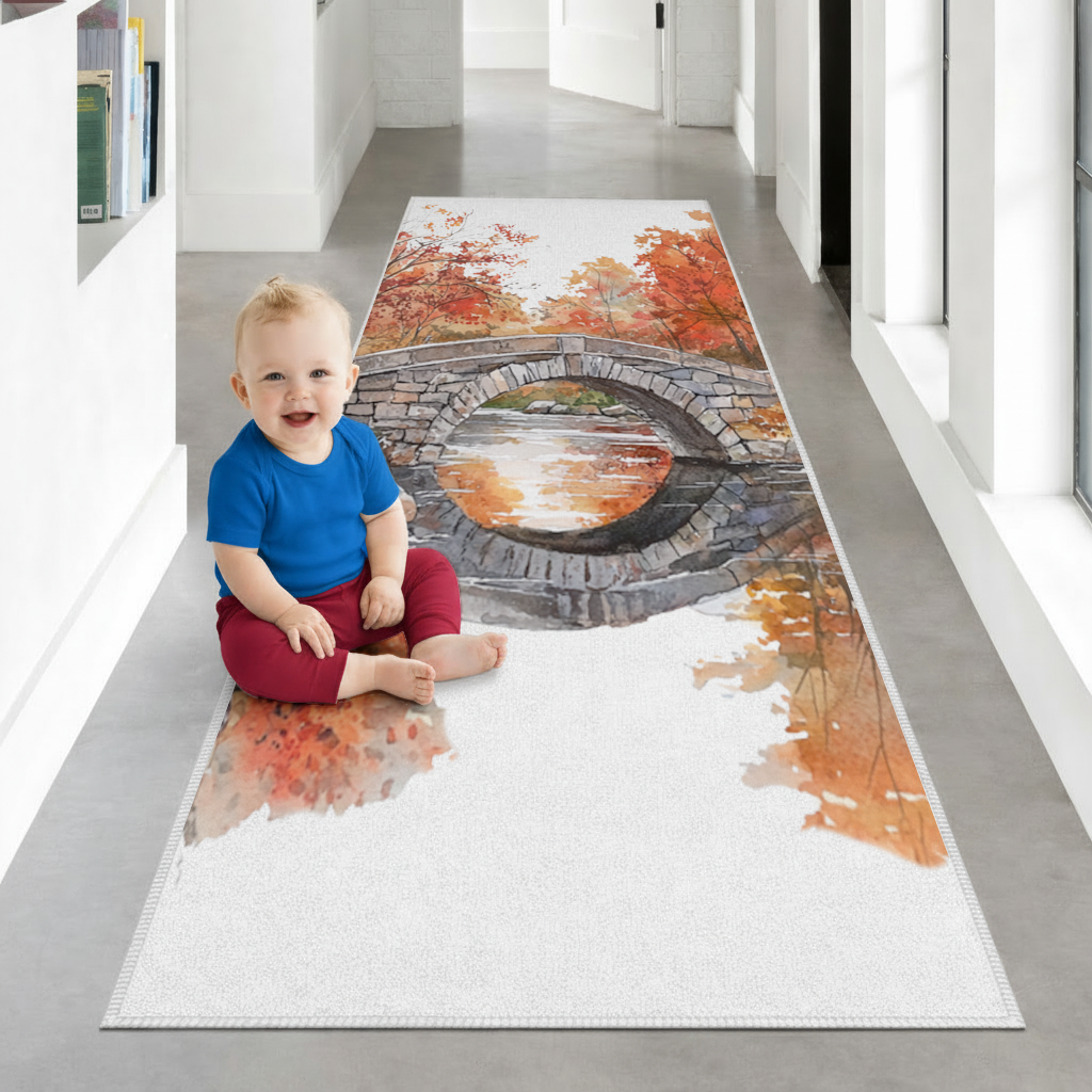 Autumn Stone Arch Bridge Over River Hallway & Entryway Rug