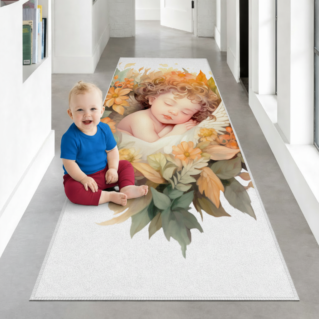Sleeping Cherub in Cottagecore Flowers Hallway & Entryway Rug