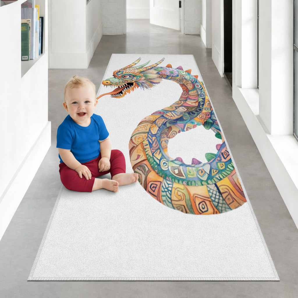 Colorful Mosaic Chinese Dragon Hallway & Entryway Rug