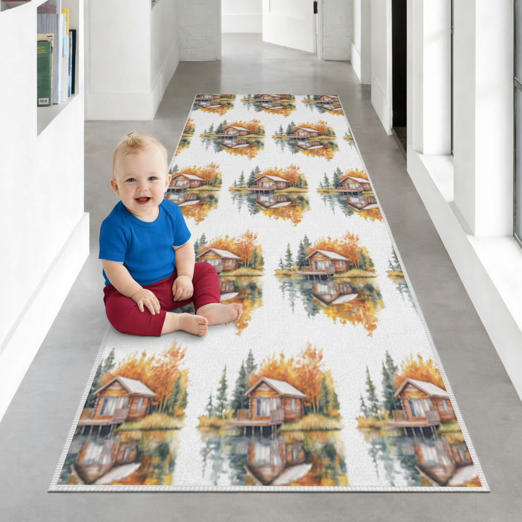 Lakeside Log Cabin Autumn Landscape Hallway & Entryway Rug