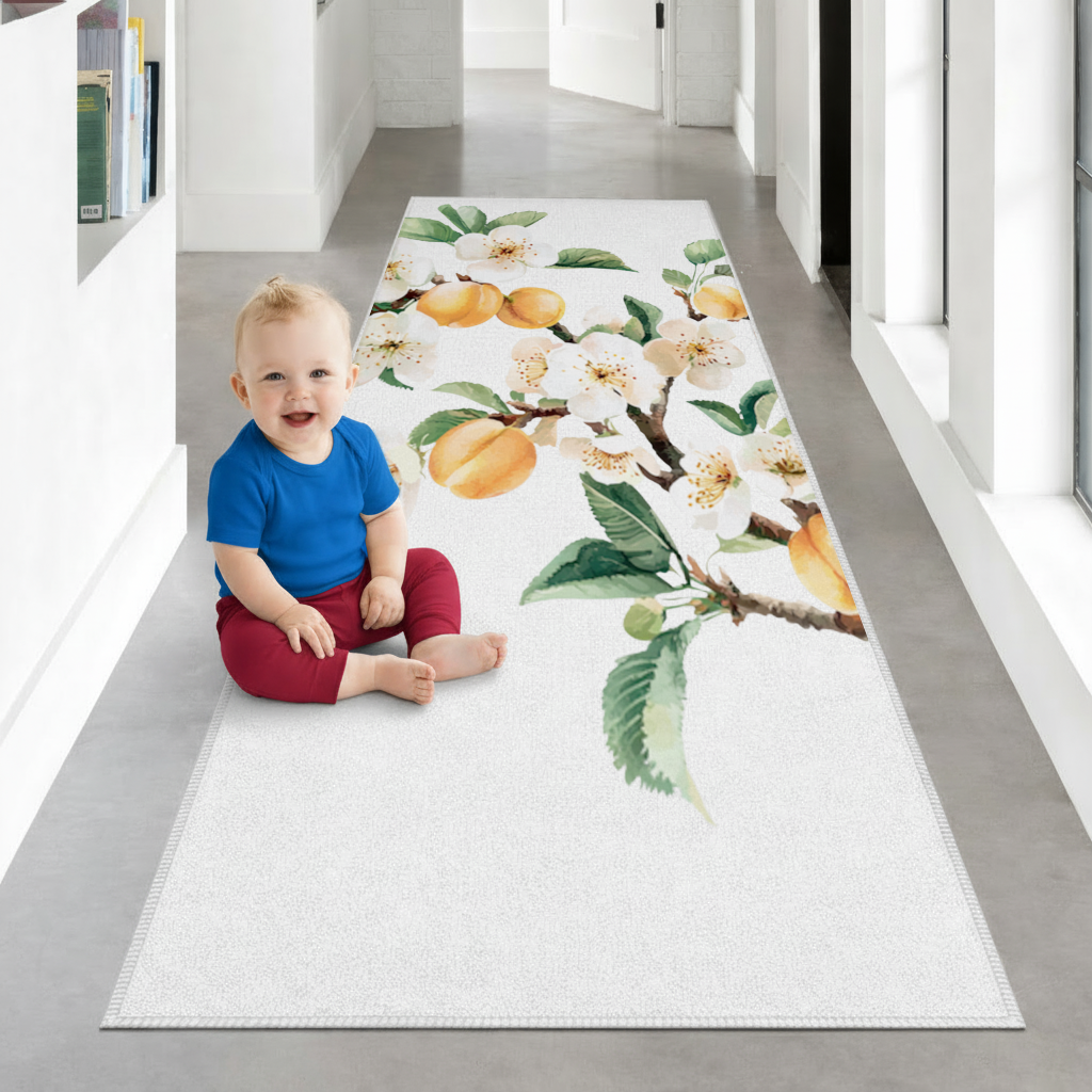 Watercolor Apricot Blossom Branch Hallway & Entryway Rug