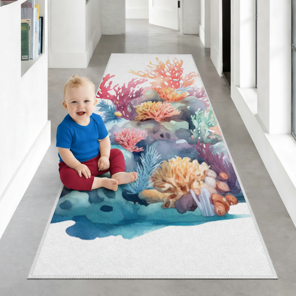 Vibrant Watercolor Coral Reef Scene Hallway & Entryway Rug