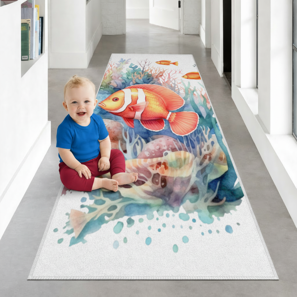 Watercolor Clownfish and Tropical Coral Reef Hallway & Entryway Rug