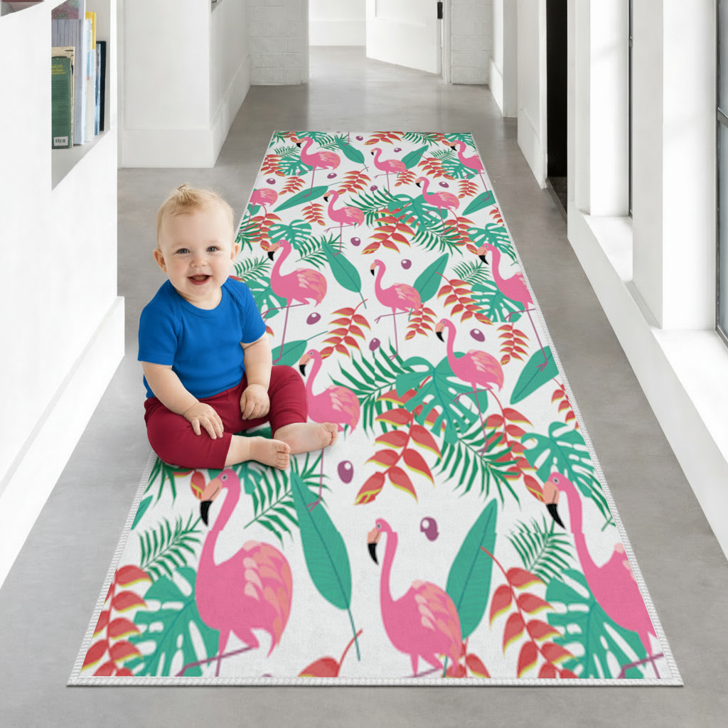Pink Flamingo Tropical Leaves Hallway & Entryway Rug