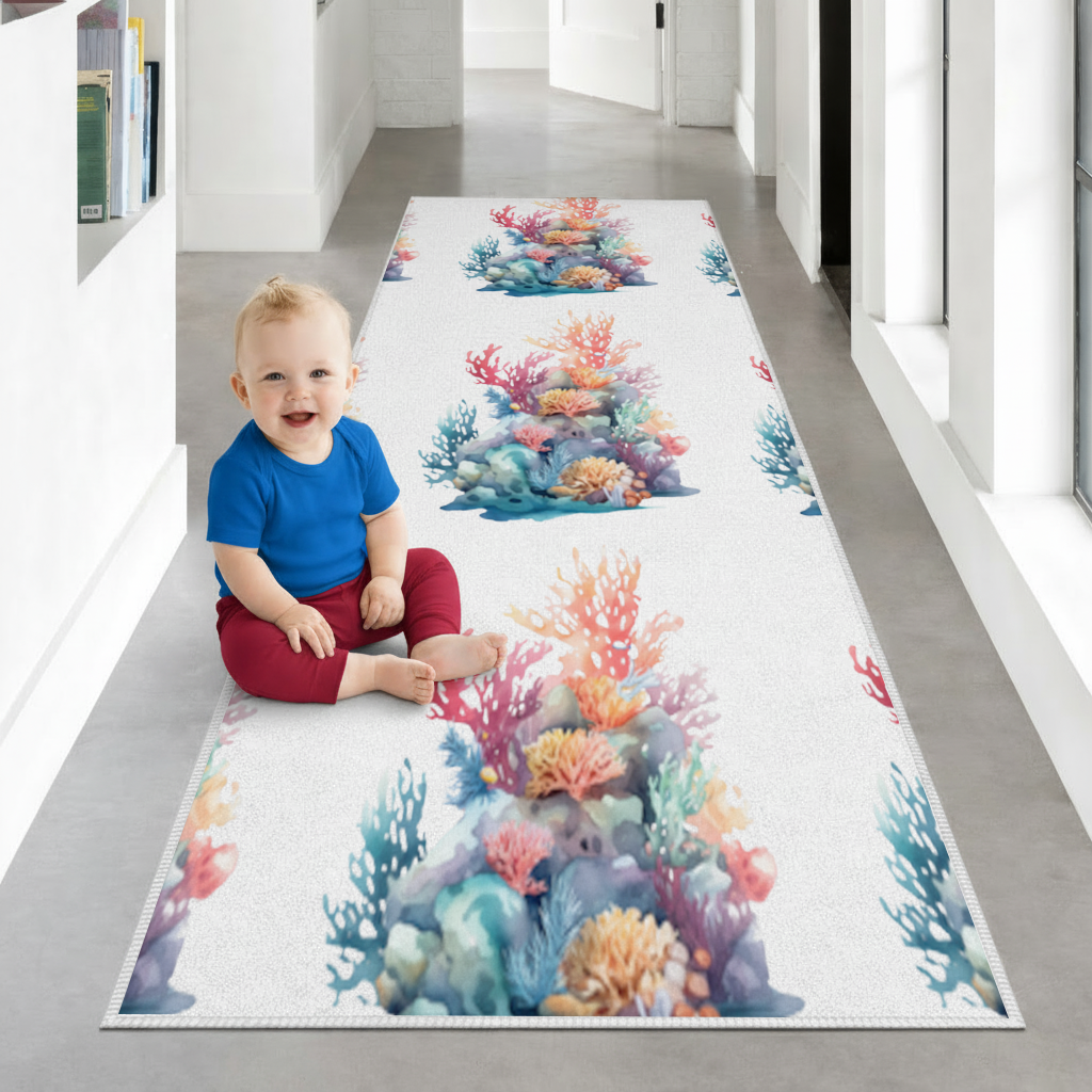 Renkli Suluboya Mercan Kayalığı Antre ve Koridor Halısı