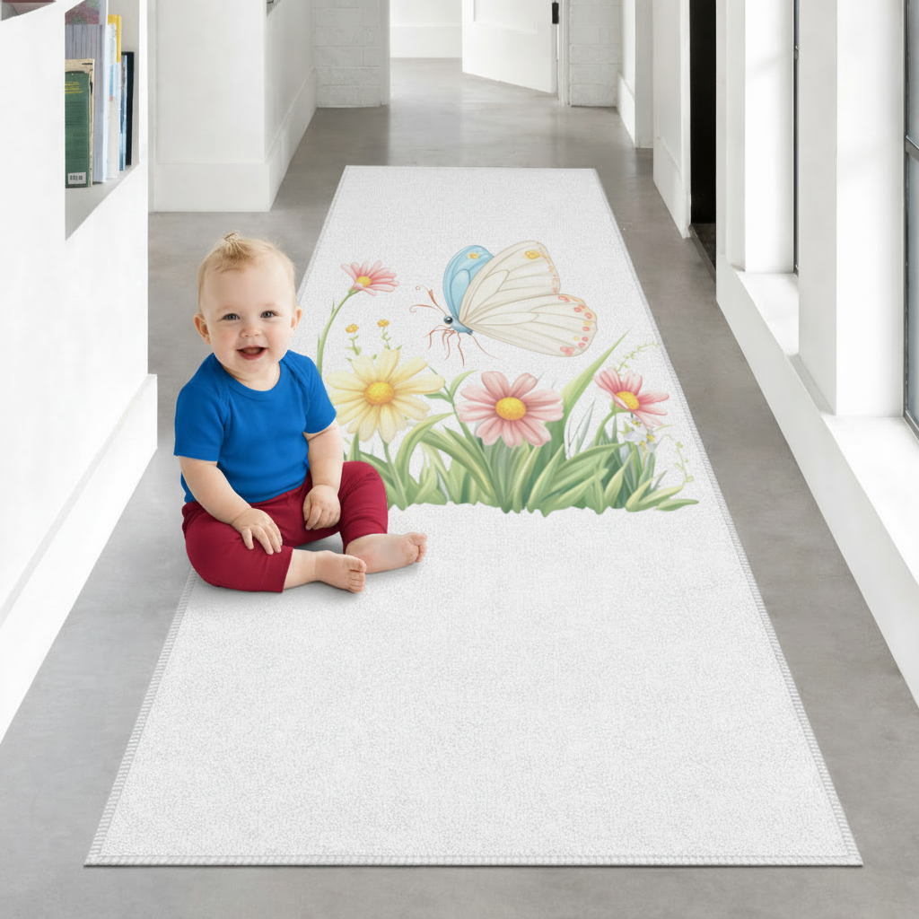 Pastel Kelebek ve Kır Çiçekleri Bahçesi Antre ve Koridor Halısı