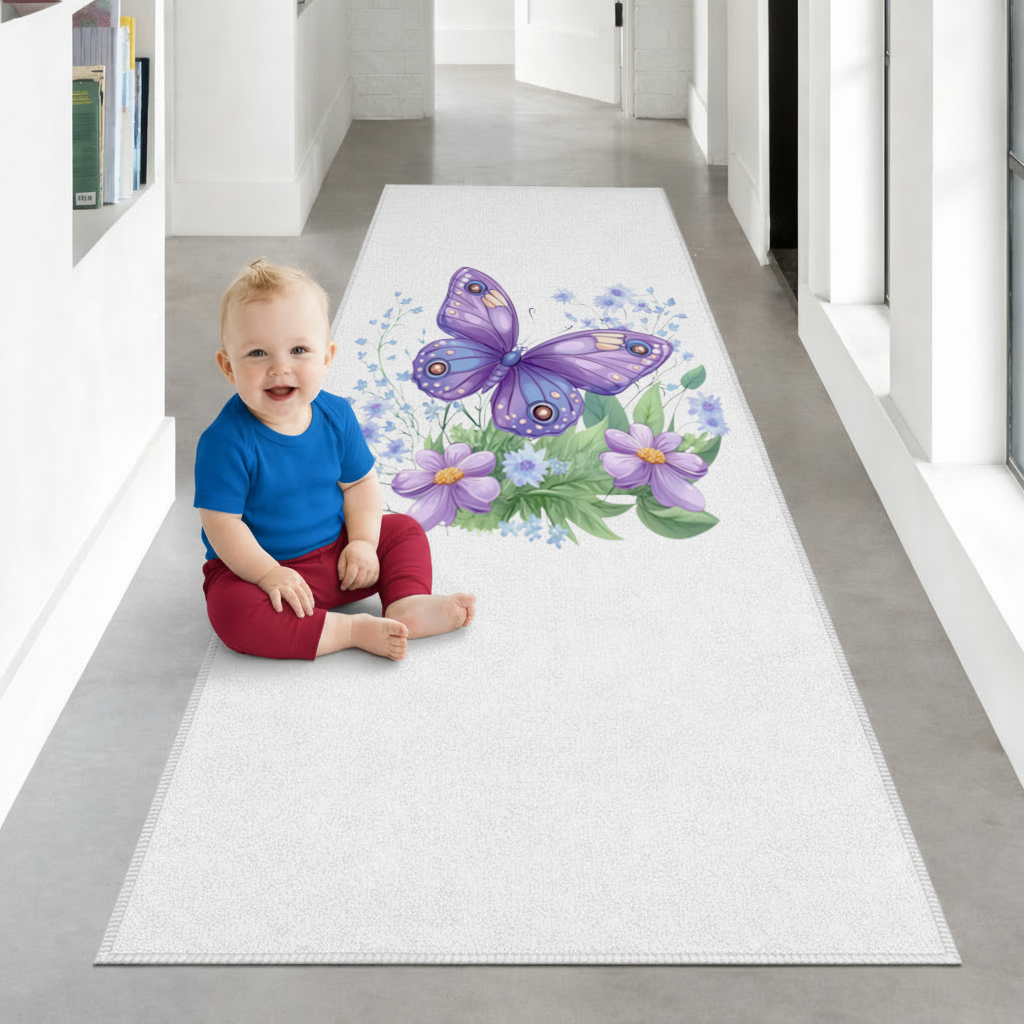 Mor Kelebek ve Mavi Kır Çiçekleri Antre ve Koridor Halısı