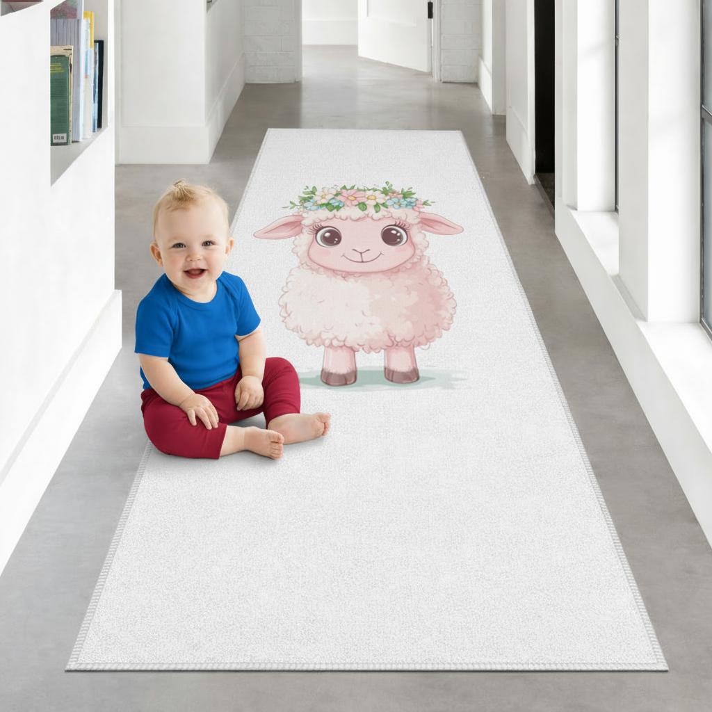 Kawaii Çiçek Taçlı Pembe Kuzu Antre ve Koridor Halısı