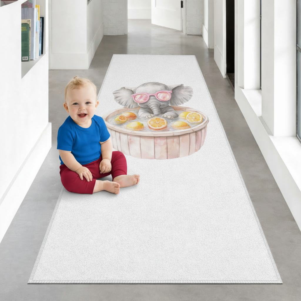 Pembe Gözlüklü Bebek Fil ve Narenciye Banyosu Antre ve Koridor Halısı