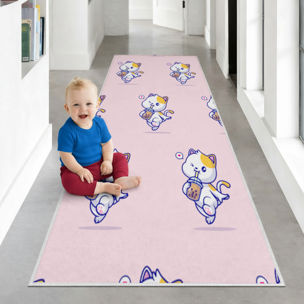 Boba Çayı İçen Kawaii Kedi Antre ve Koridor Halısı