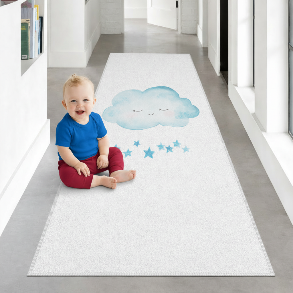 Watercolor Sleepy Cloud and Blue Stars Hallway & Entryway Rug